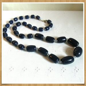 Vintage Navy Blue Large Bead Necklace 30" Boho